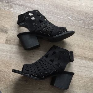 Black Open Toe Cut Out Stacked Heel